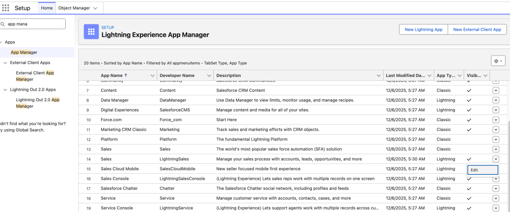 app manager page in salesforce setup