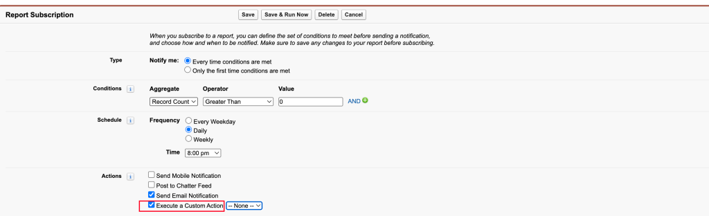execute apex custom action in report subscription salesforce classic
