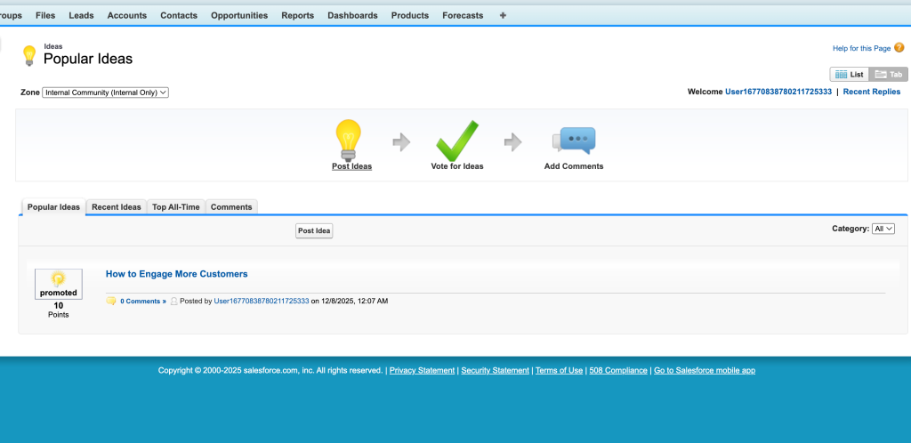 ideas page in salesforce classic