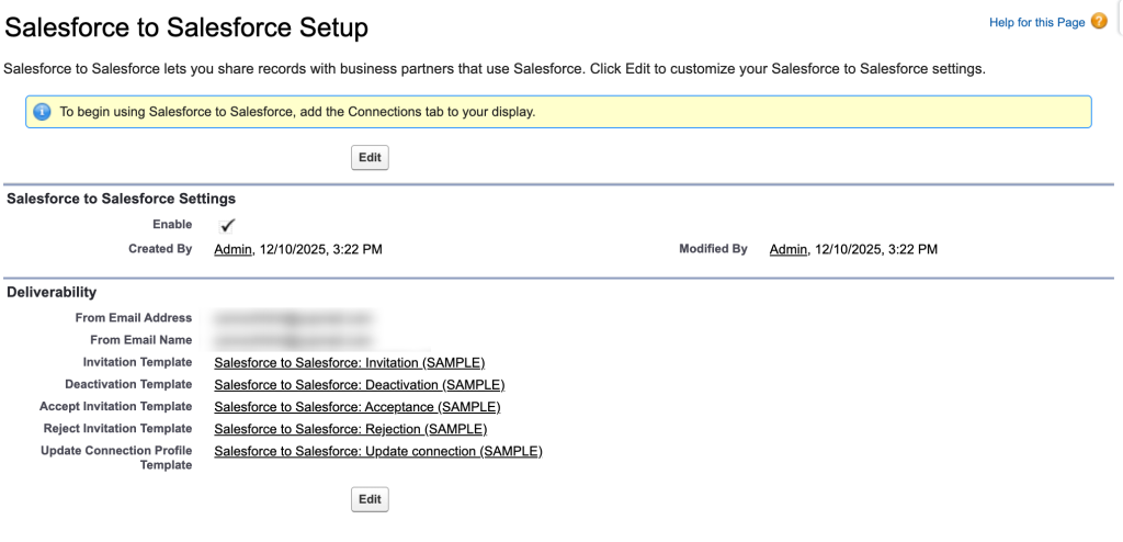 salesforce to salesforce settings in salesforce classic