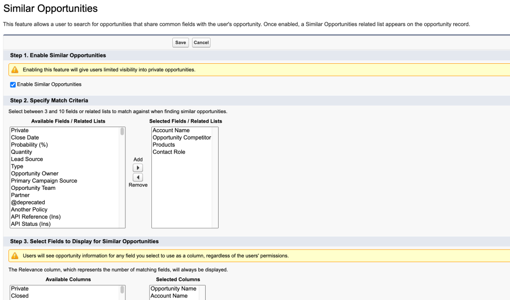 Similar Opportunities in Salesforce Classic Setup